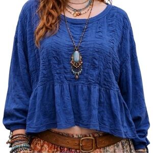 Pilcro | Anthropologie Textured Long Balloon Sleeve Cropped Blue Blouse Top